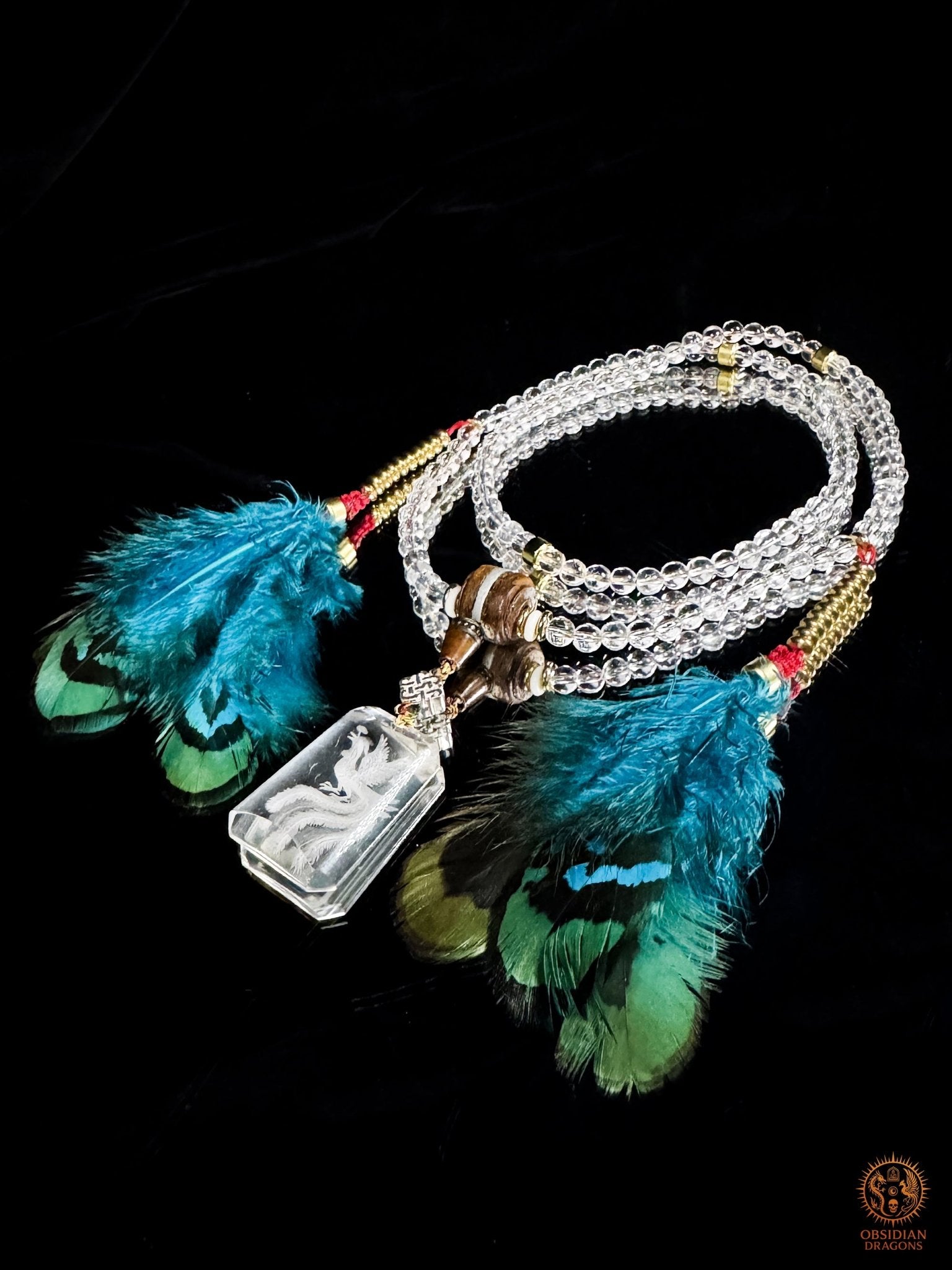 Mala en cristal de roche, Phénix–Renaissance & purification | obsidian dragons