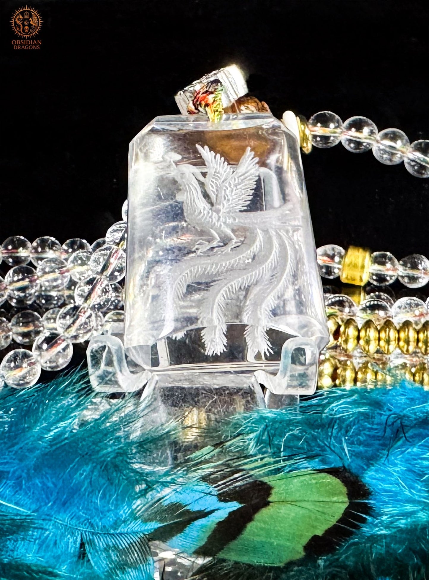 Mala en cristal de roche, Phénix–Renaissance & purification | obsidian dragons