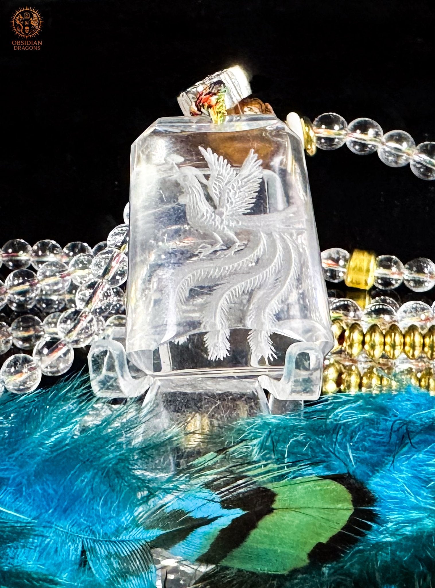 Mala en cristal de roche, Phénix–Renaissance & purification | obsidian dragons