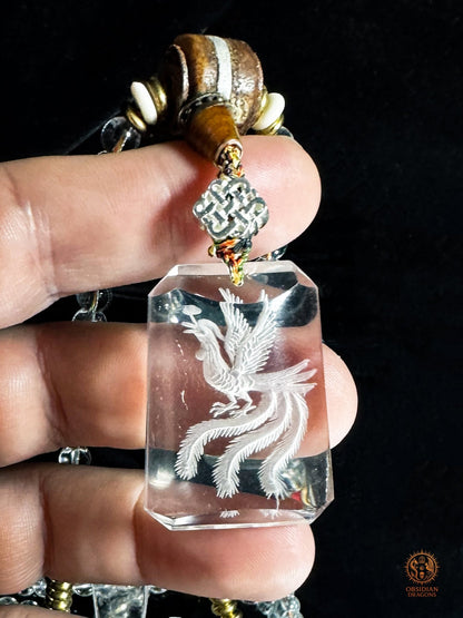 Mala en cristal de roche, Phénix–Renaissance & purification | obsidian dragons