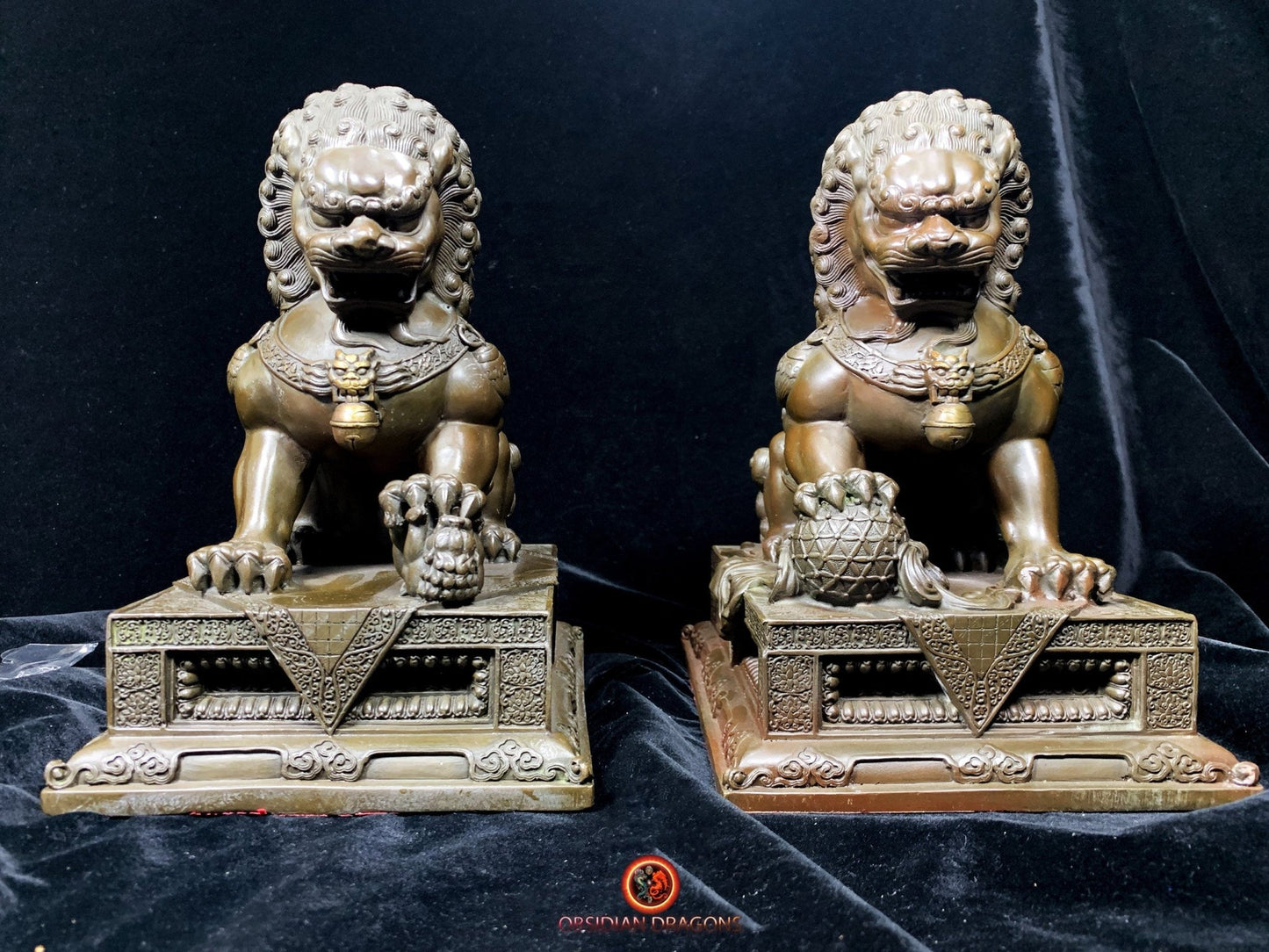 Paire de Lions Chinois en Bronze - Gardiens Feng Shui | obsidian dragons