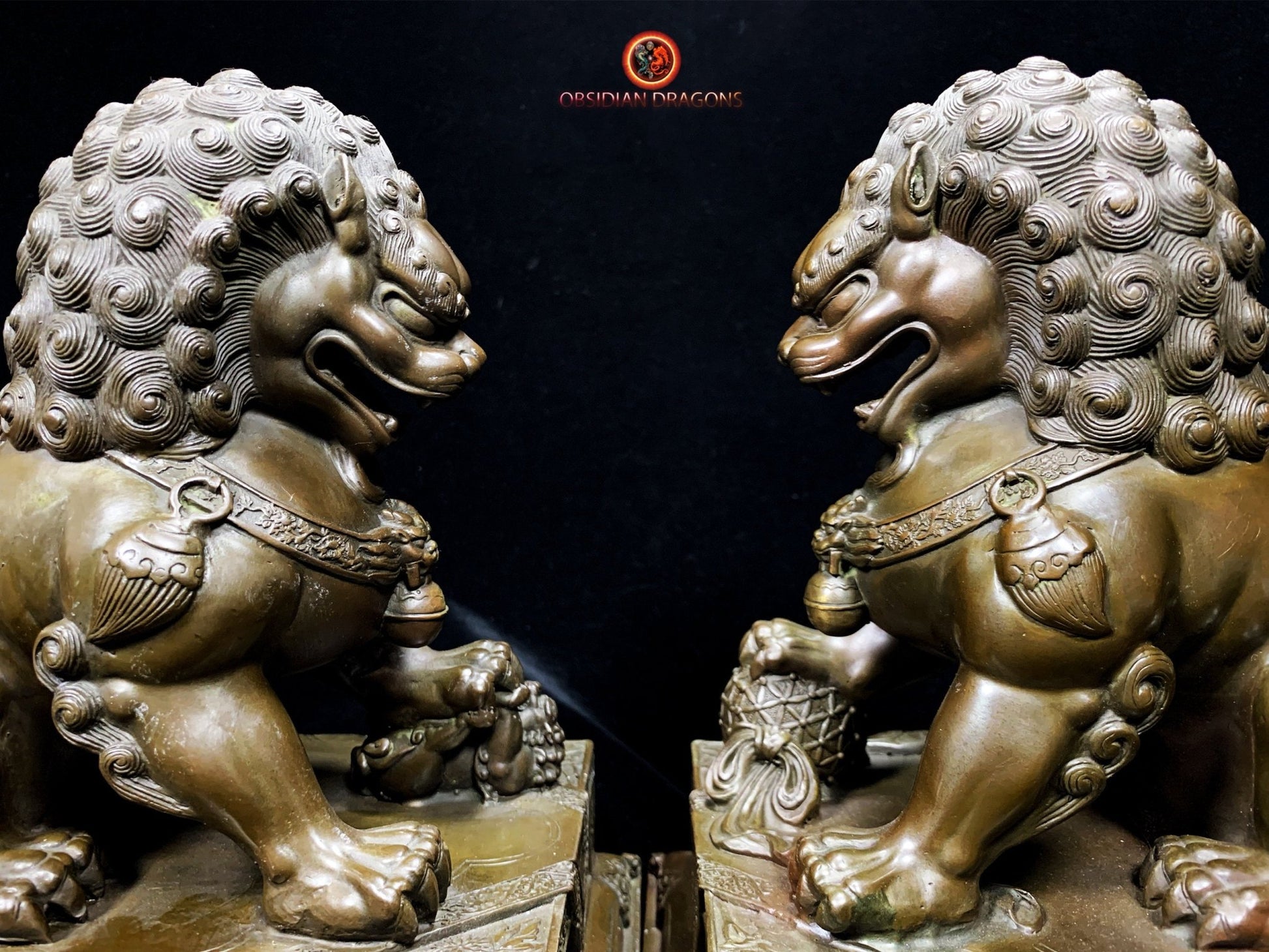 Paire de Lions Chinois en Bronze - Gardiens Feng Shui | obsidian dragons