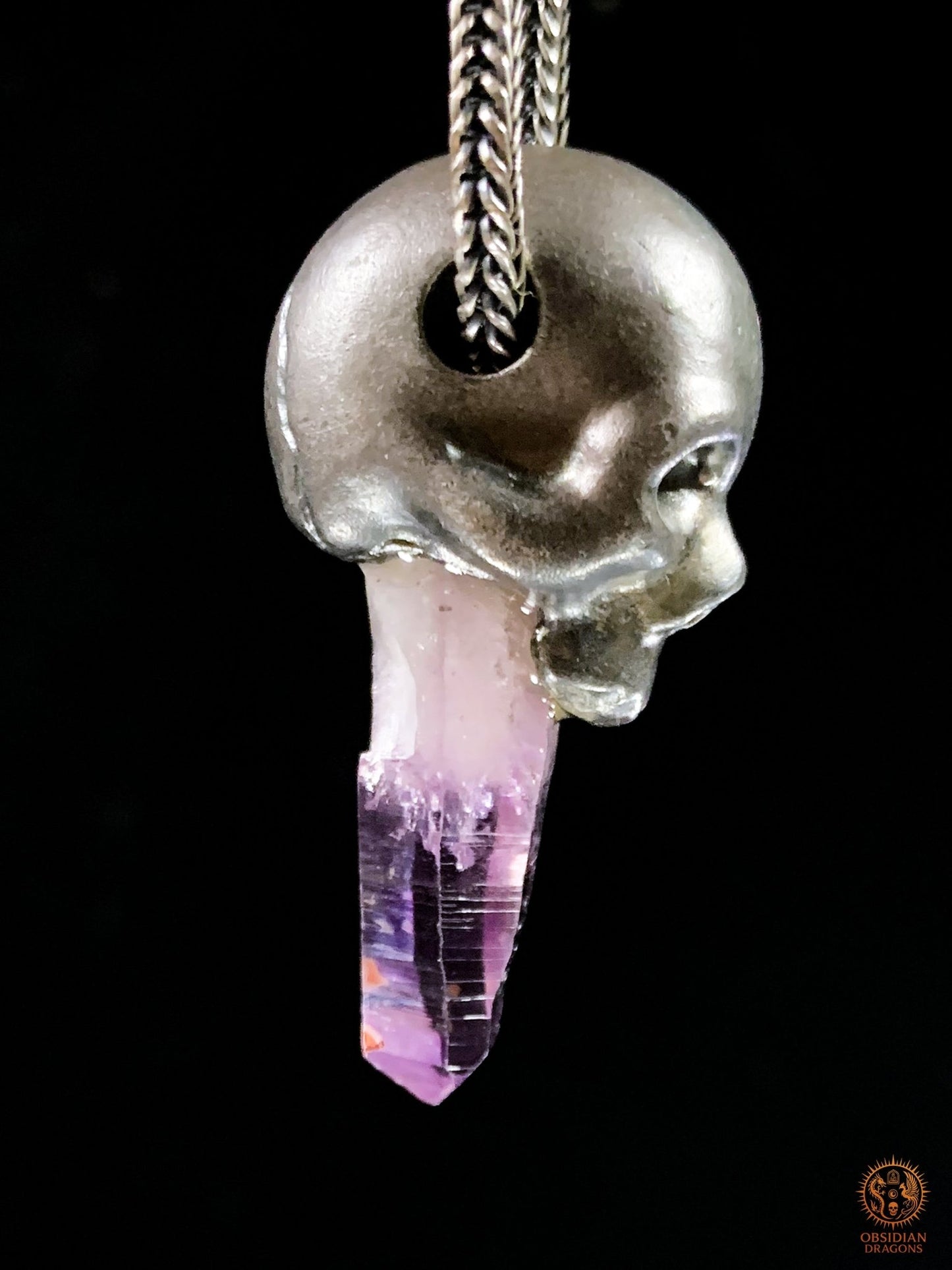 Pendentif Crâne en Argent – Pointe d’Améthyste de Vera Cruz | obsidian dragons
