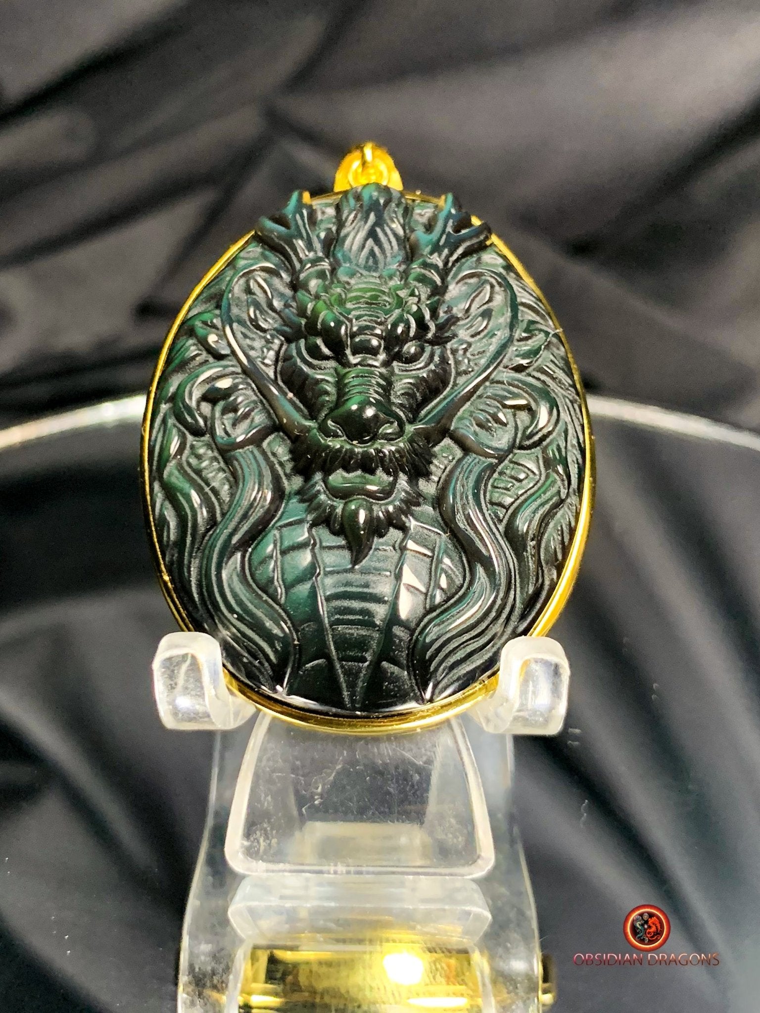 Pendentif Dragon en Obsidienne Œil Céleste - or et Argent | obsidian dragons