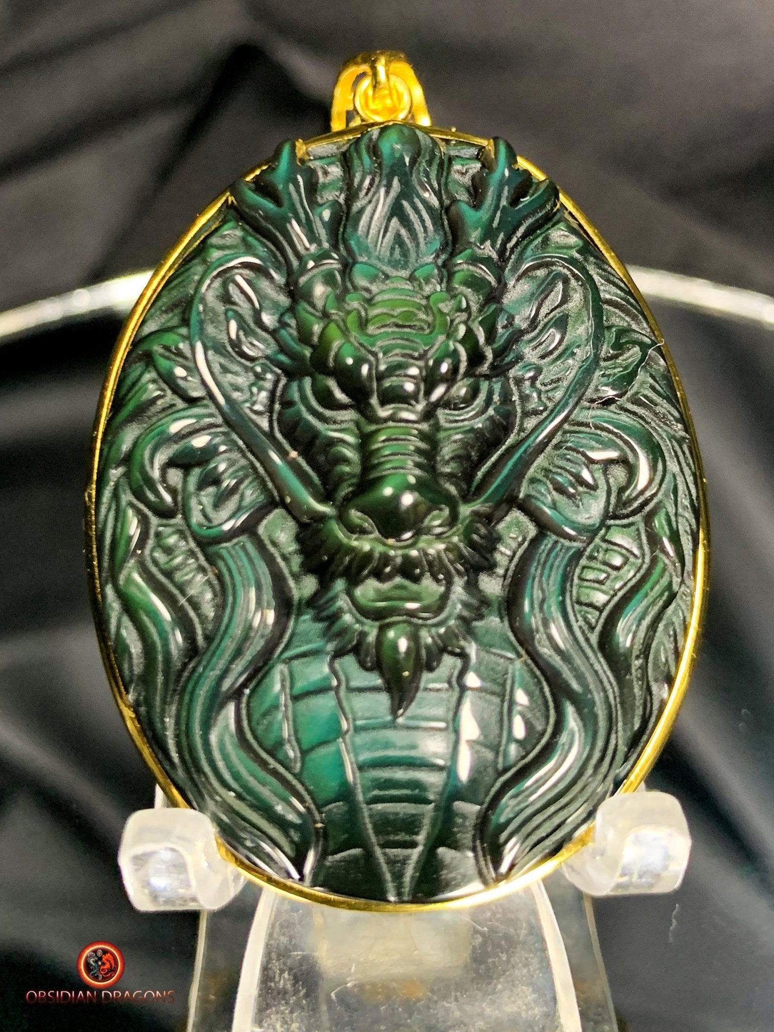 Pendentif Dragon en Obsidienne Œil Céleste - or et Argent | obsidian dragons