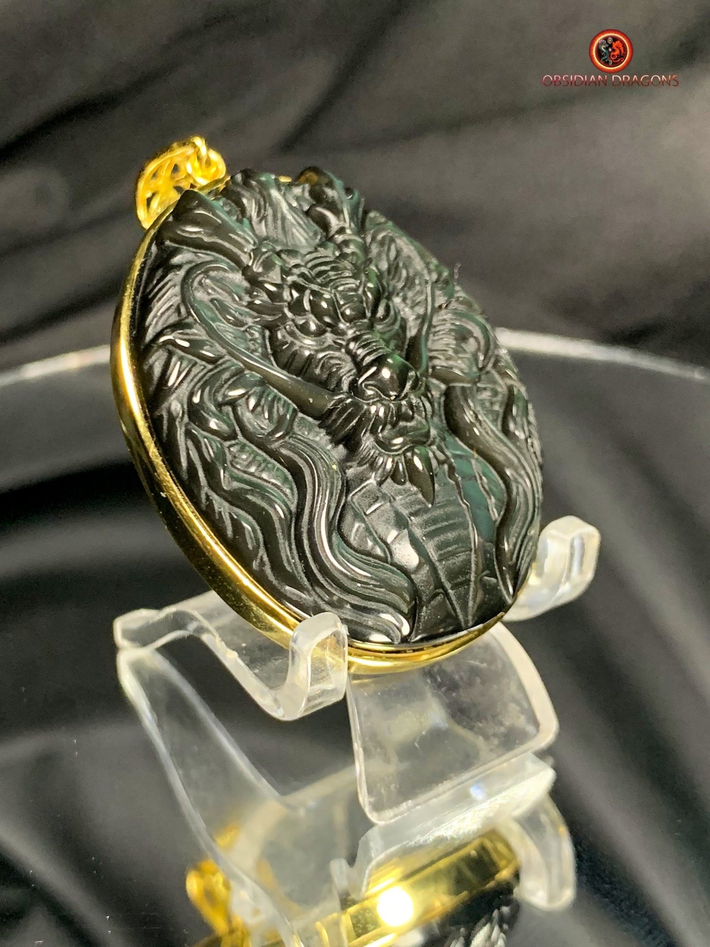 Pendentif Dragon en Obsidienne Œil Céleste - or et Argent | obsidian dragons