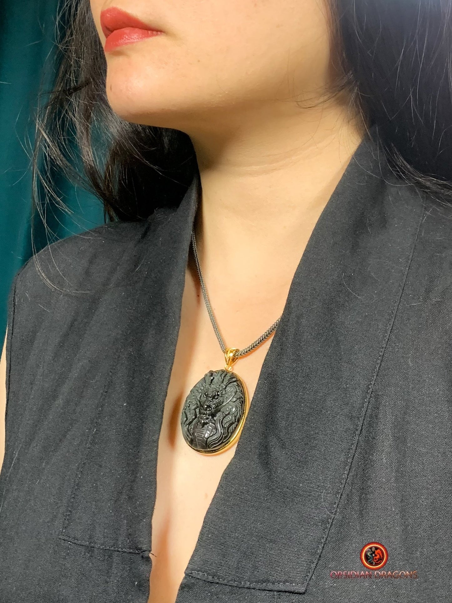 Pendentif Dragon en Obsidienne Œil Céleste - or et Argent | obsidian dragons