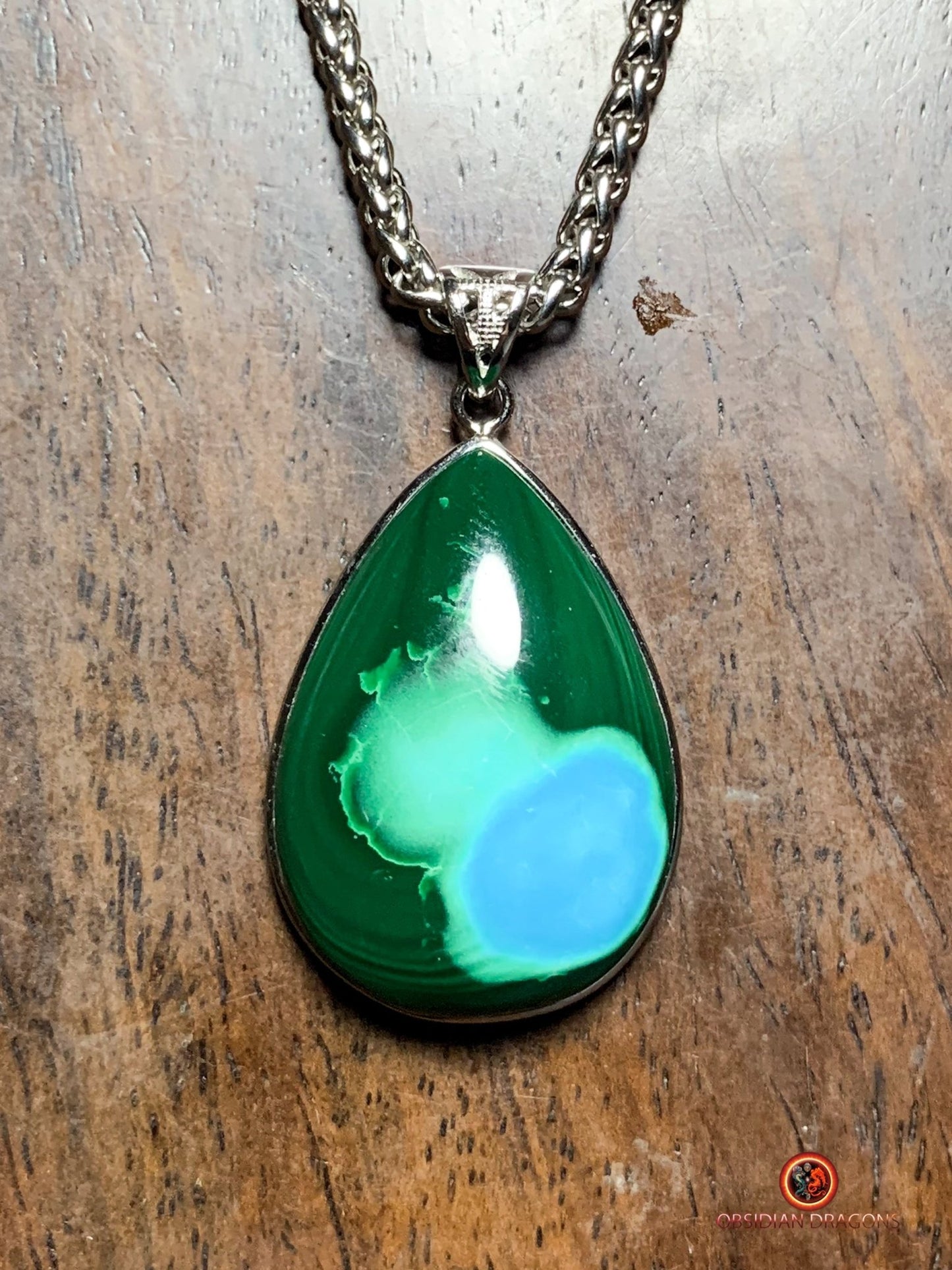 Pendentif chrysocolle malachite - création artisanale en argent | obsidian dragons