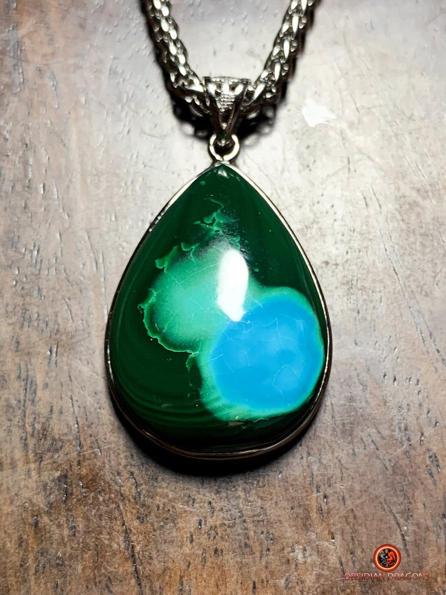 Pendentif chrysocolle malachite - création artisanale en argent | obsidian dragons