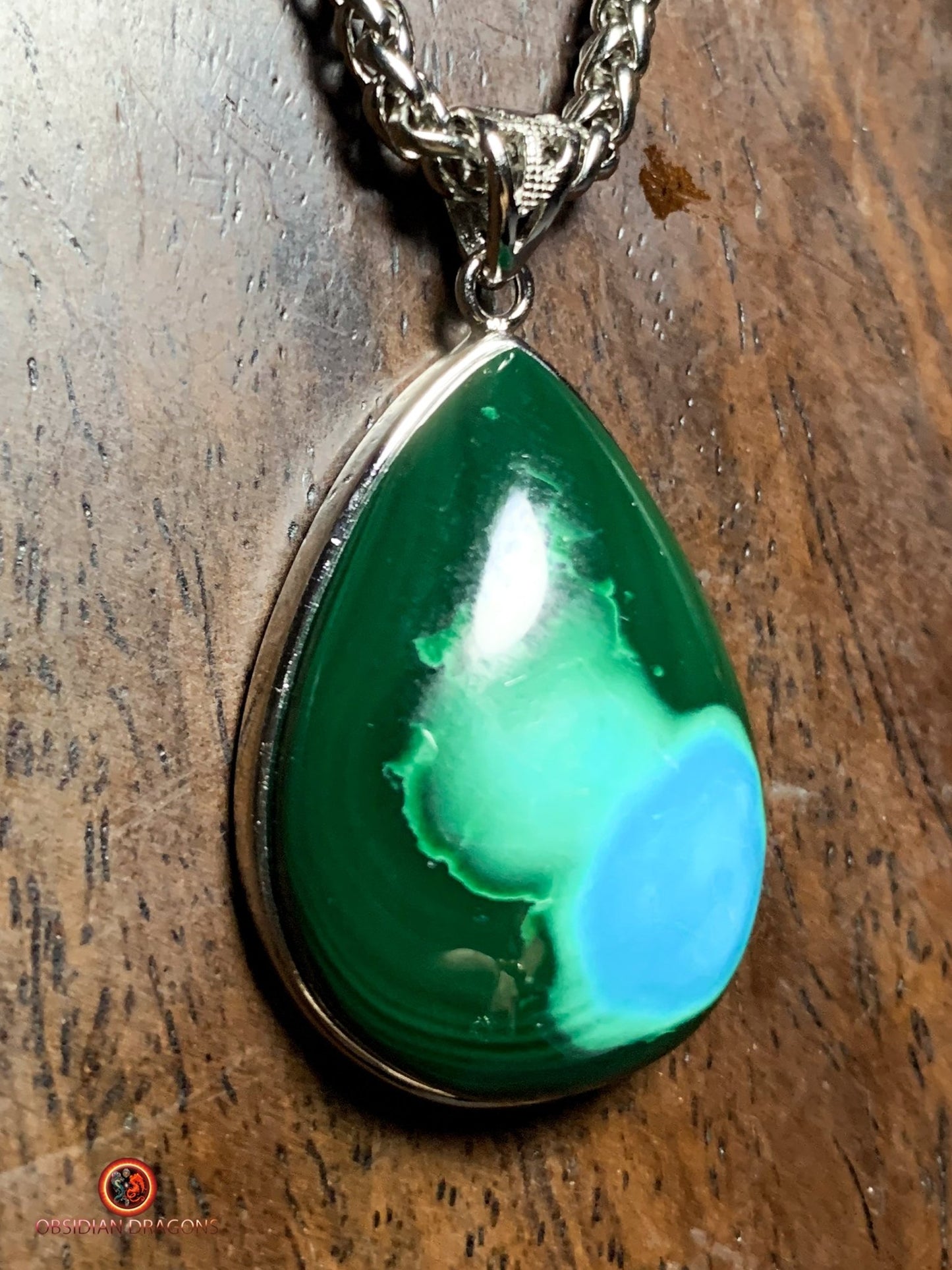 Pendentif chrysocolle malachite - création artisanale en argent | obsidian dragons