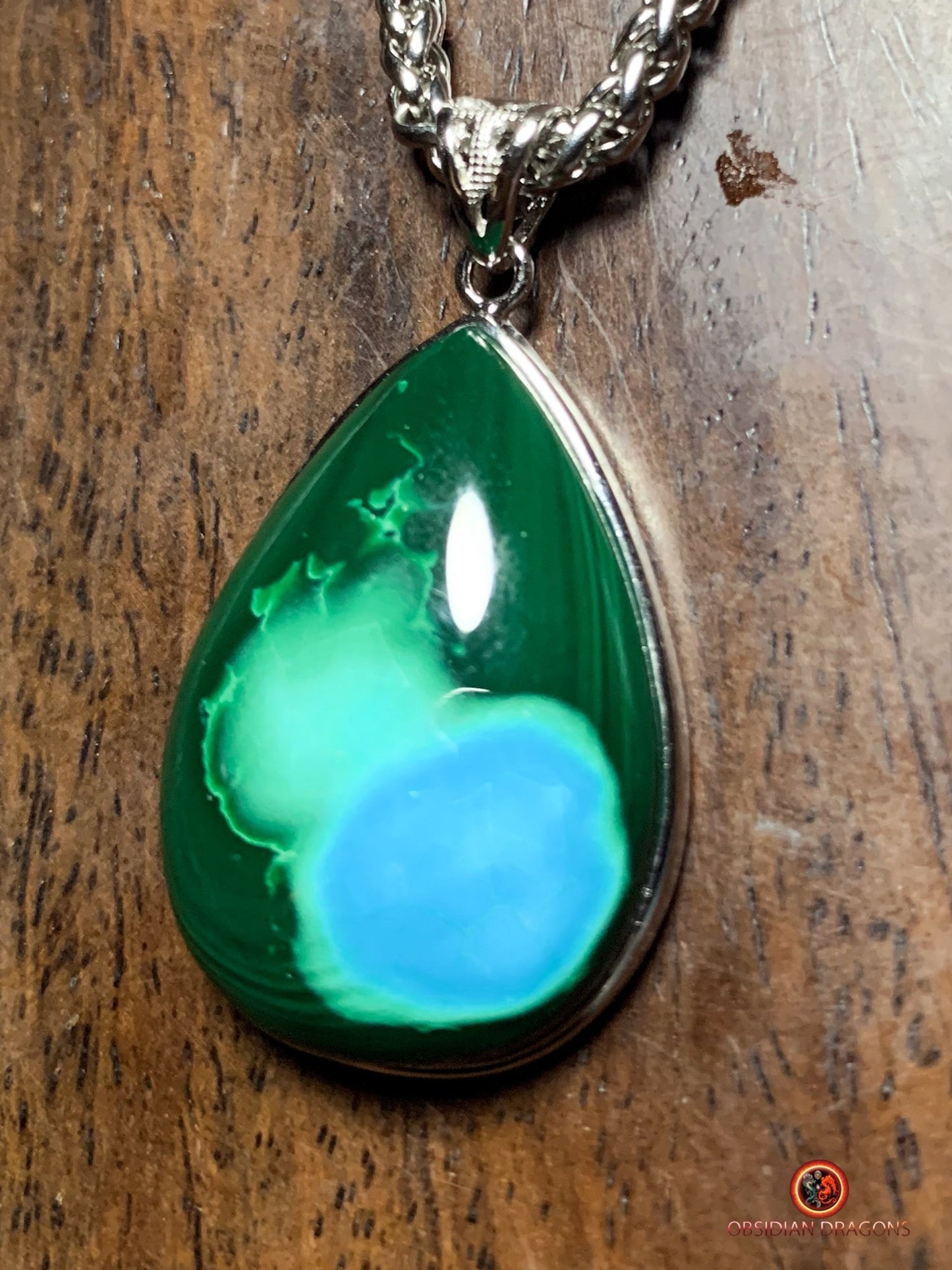 Pendentif chrysocolle malachite - création artisanale en argent | obsidian dragons