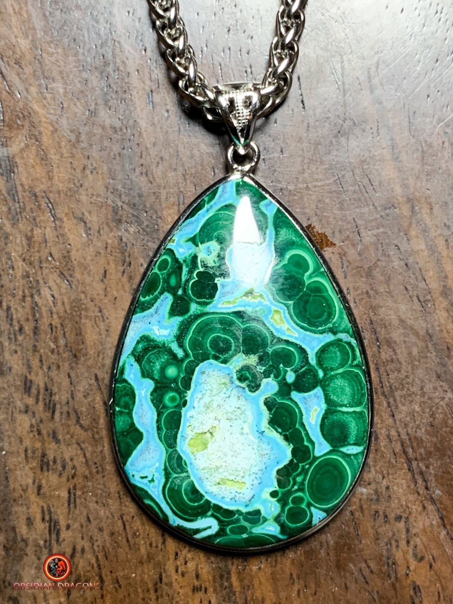 Pendentif chrysocolle malachite - pierre naturelle et argent | obsidian dragons