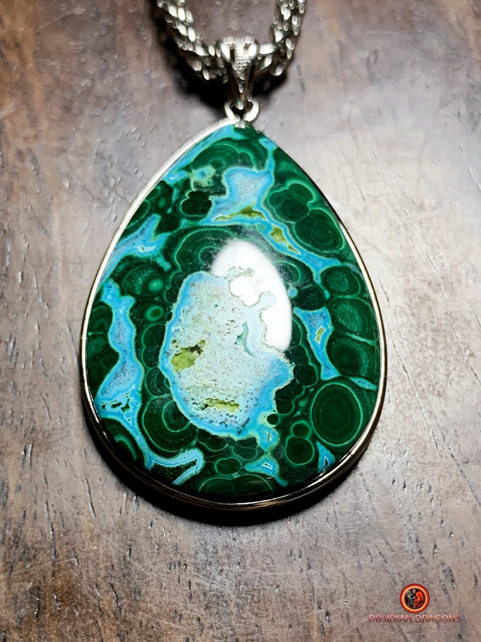 Pendentif chrysocolle malachite - pierre naturelle et argent | obsidian dragons