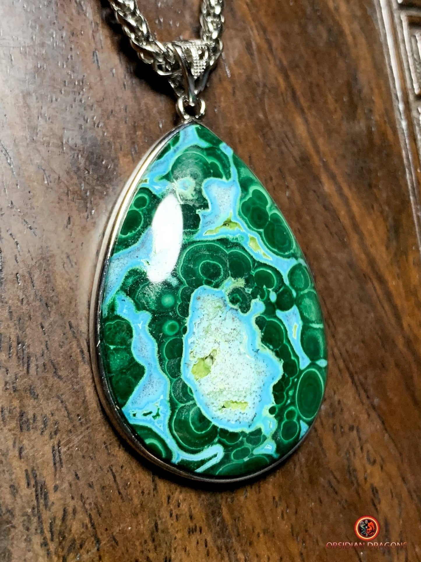 Pendentif chrysocolle malachite - pierre naturelle et argent | obsidian dragons