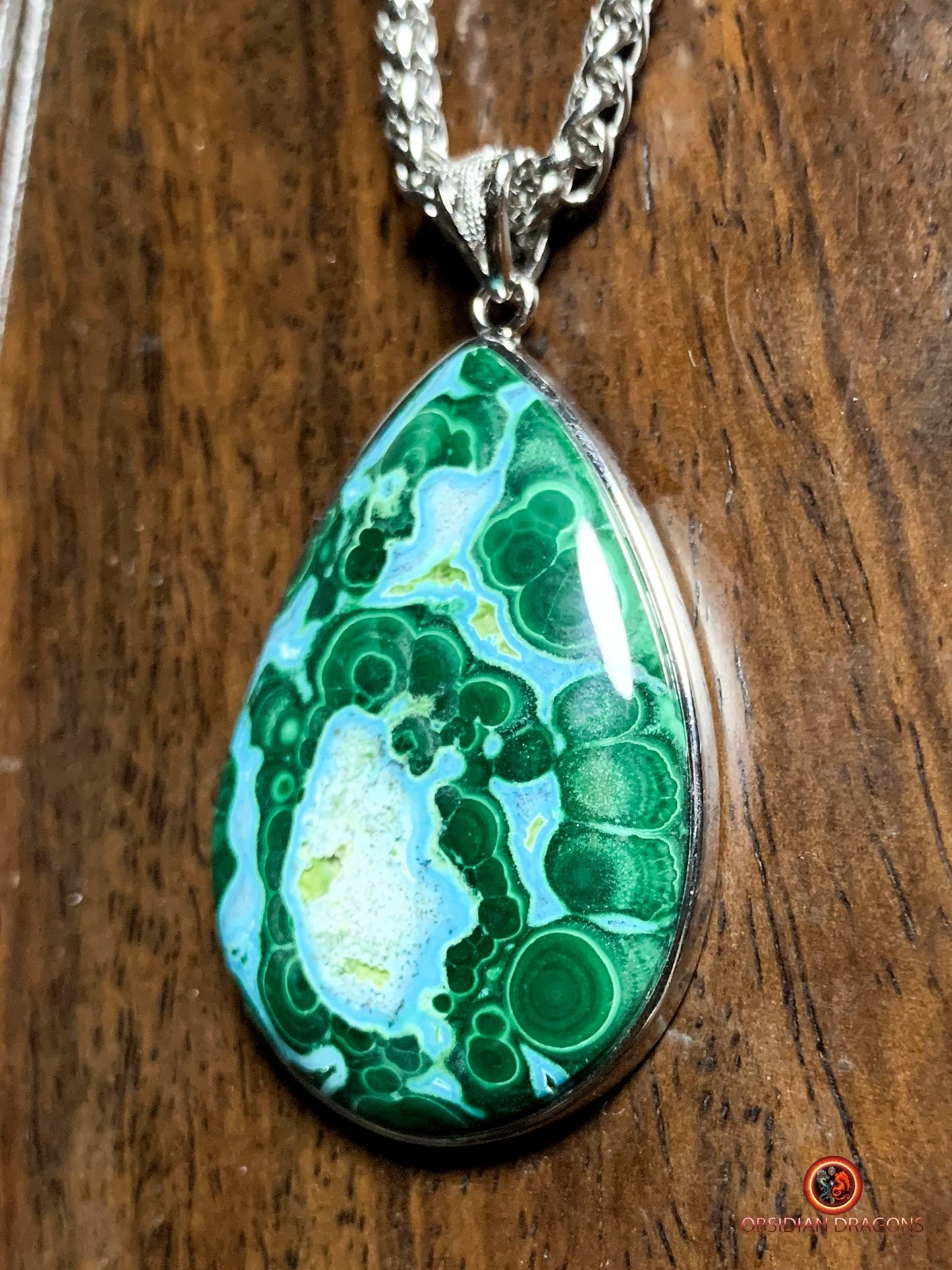 Pendentif chrysocolle malachite - pierre naturelle et argent | obsidian dragons