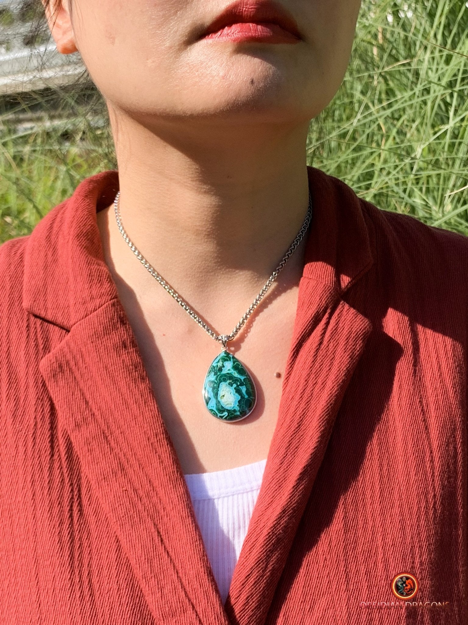 Pendentif chrysocolle malachite - pierre naturelle et argent | obsidian dragons