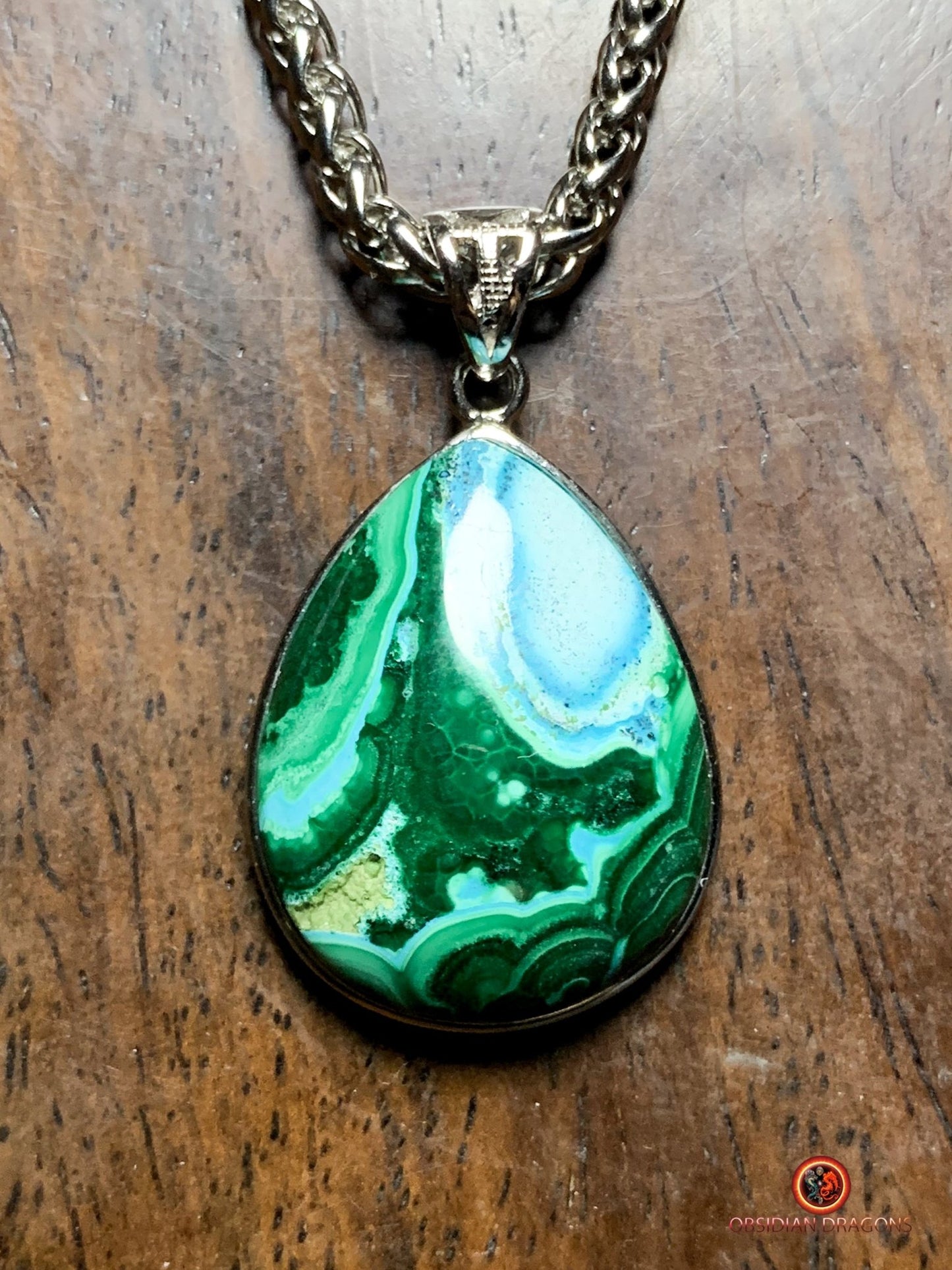 Pendentif chrysocolle malachite serti argent 925 | obsidian dragons