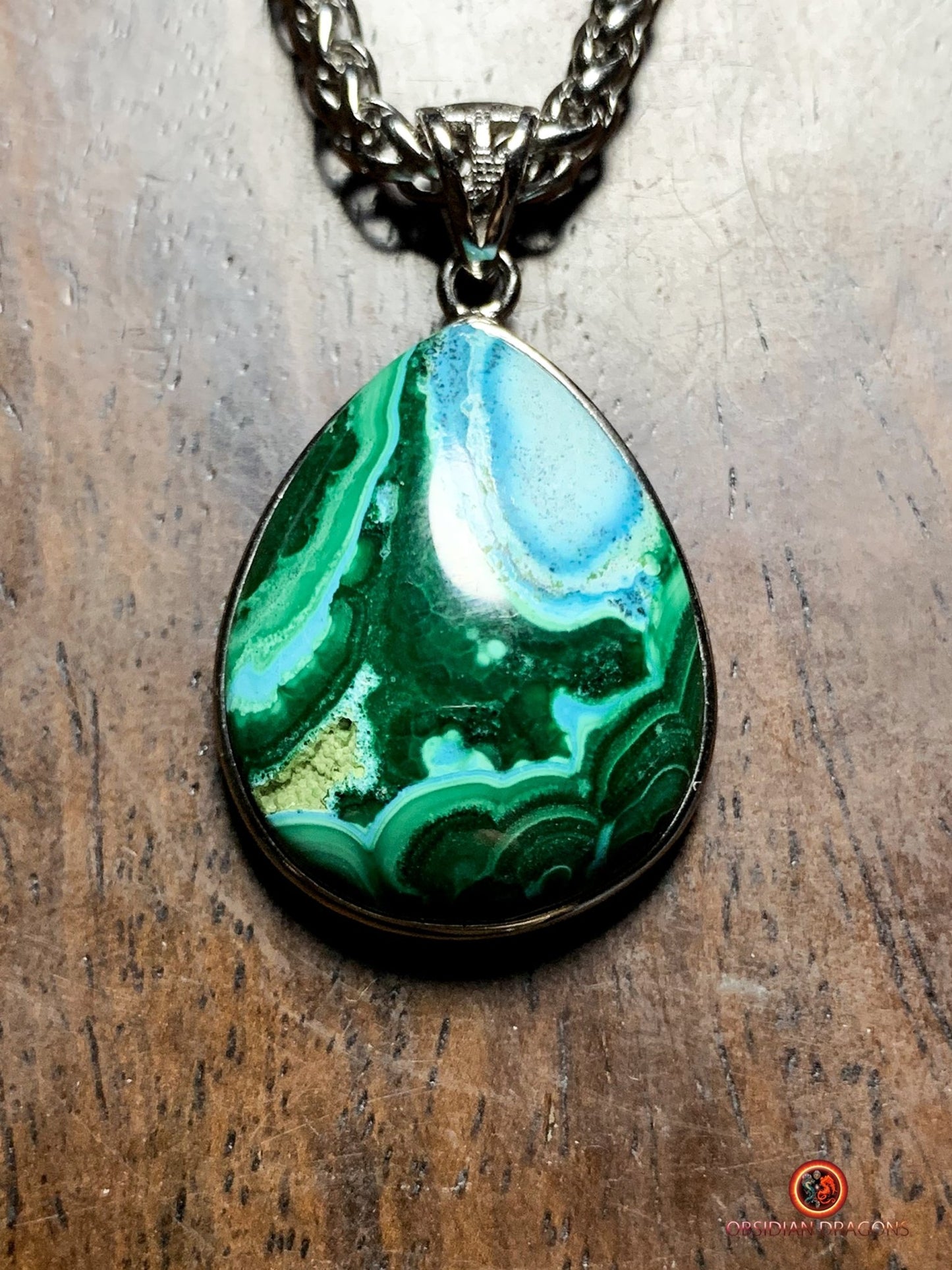 Pendentif chrysocolle malachite serti argent 925 | obsidian dragons