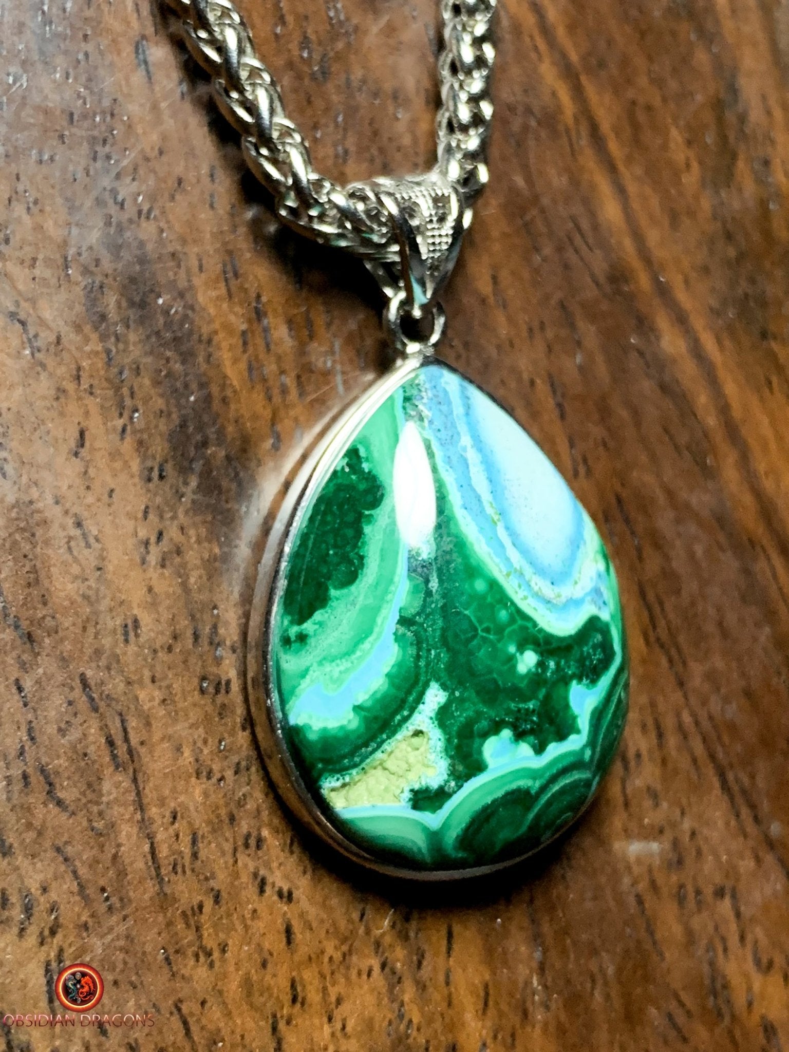 Pendentif chrysocolle malachite serti argent 925 | obsidian dragons