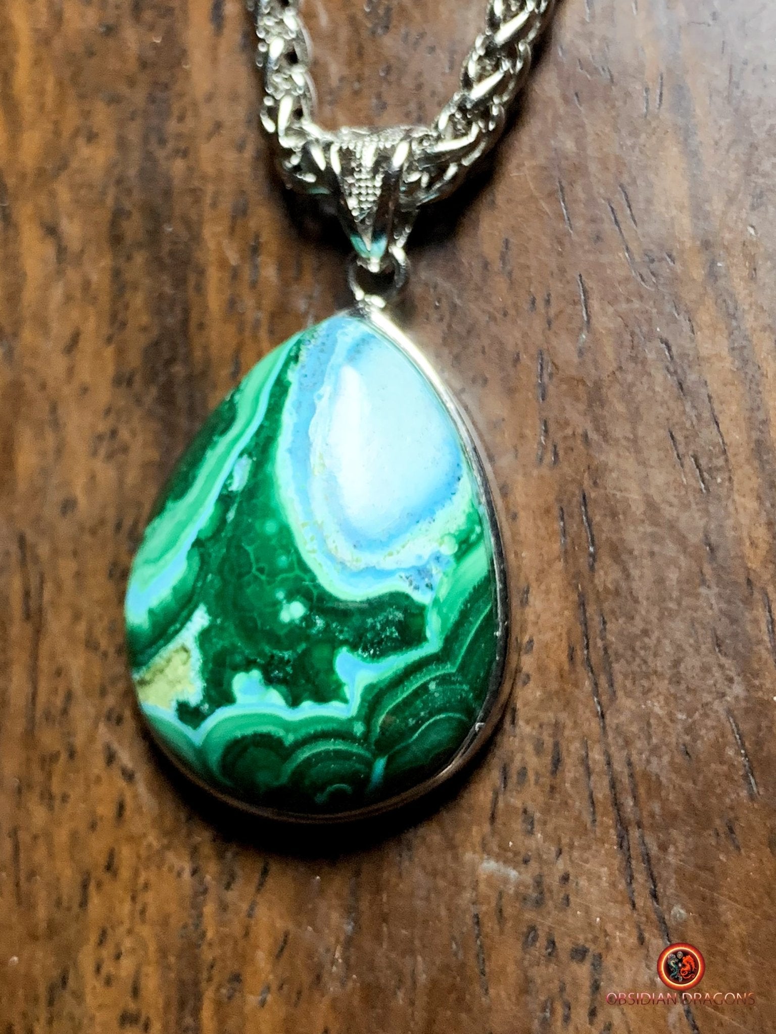 Pendentif chrysocolle malachite serti argent 925 | obsidian dragons