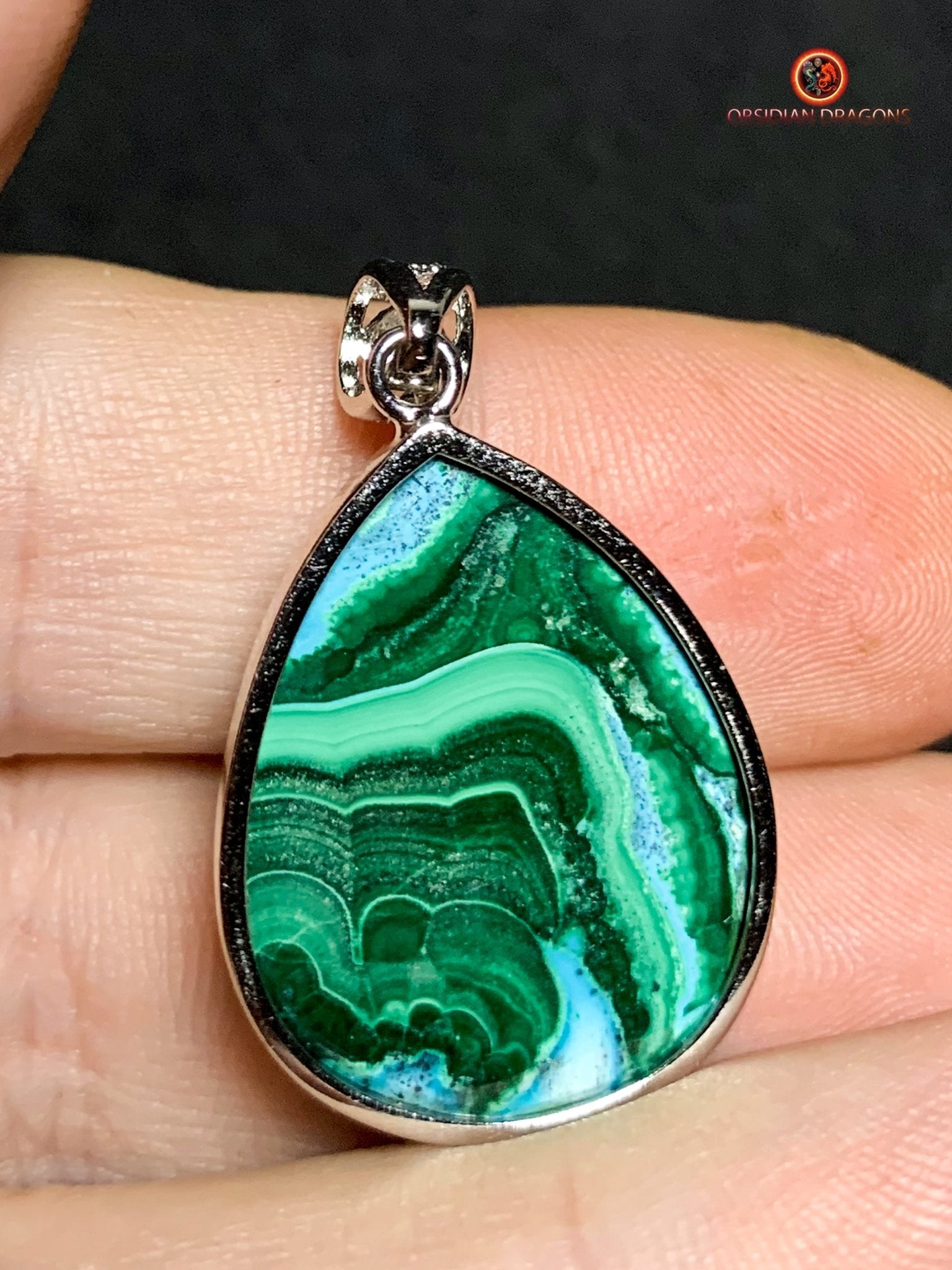 Pendentif chrysocolle malachite serti argent 925 | obsidian dragons