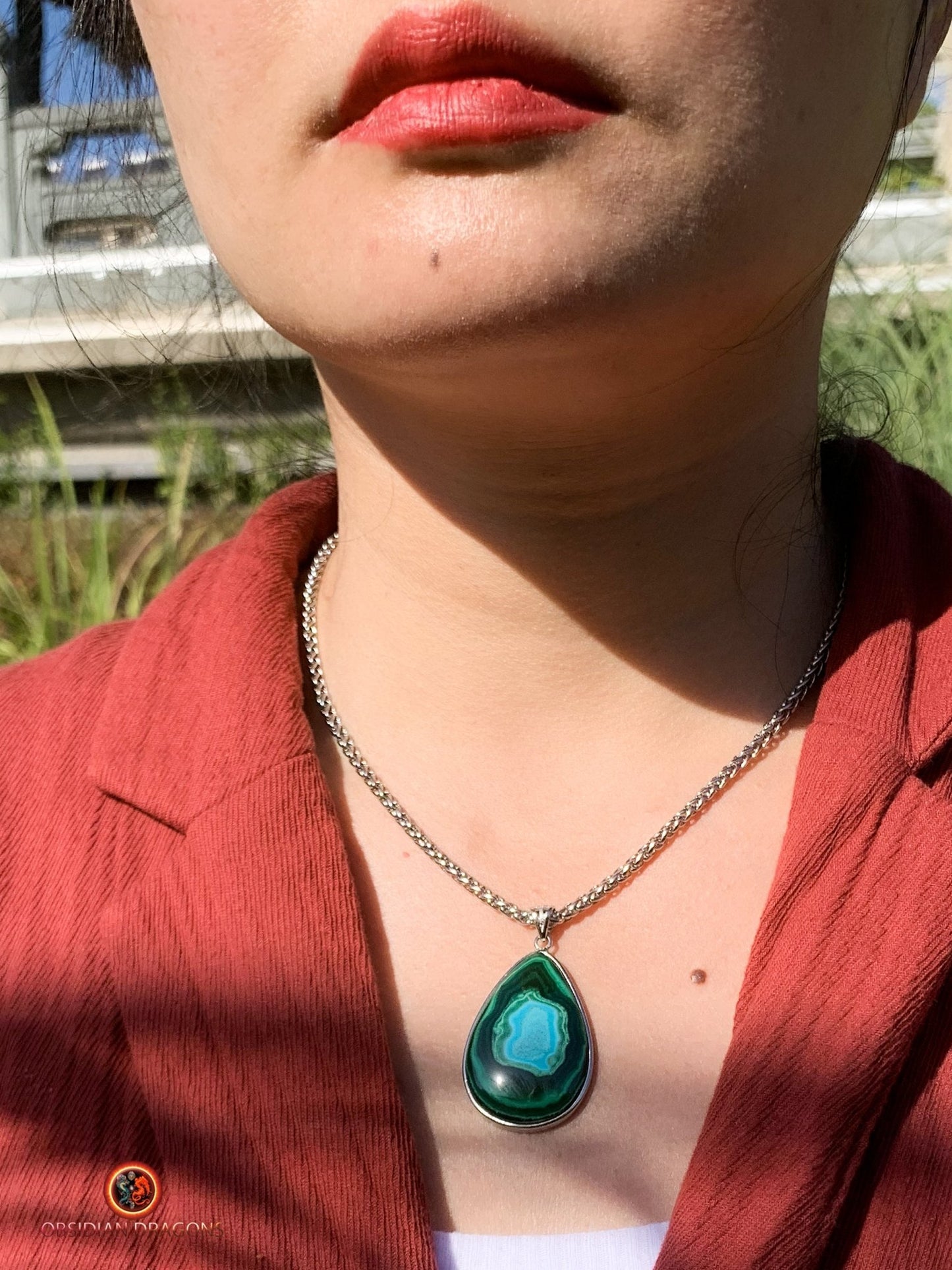 Pendentif chrysocolle malachite véritable - bijou en argent | obsidian dragons