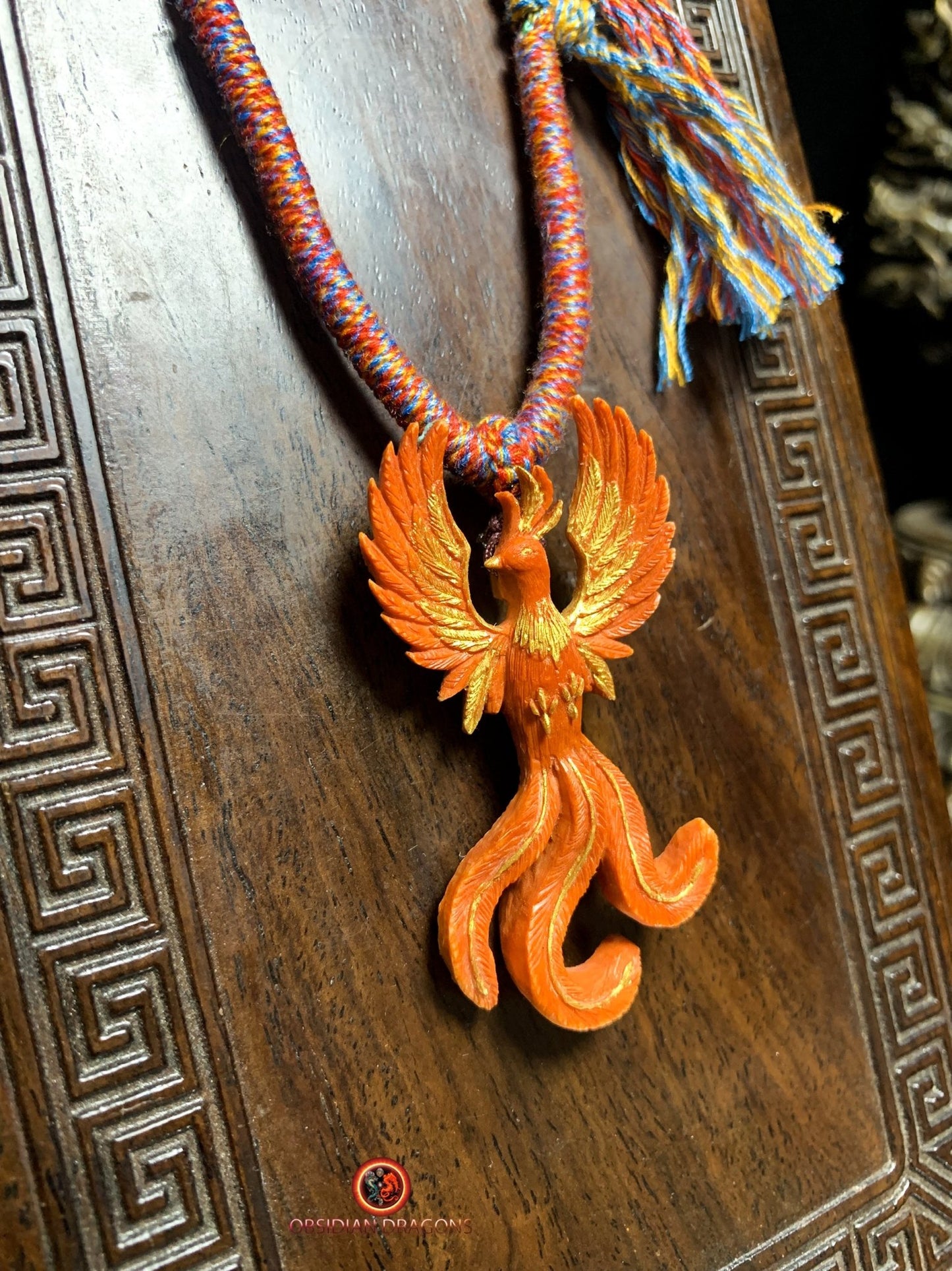 Pendentif phénix- Netsuke en Bois de cerf | obsidian dragons