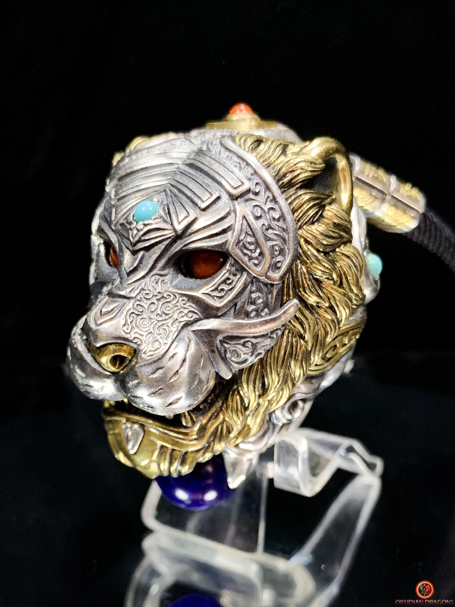 Pendentif tigre - Ghau de l'arhat dompteur - argent & Pierres | obsidian dragons