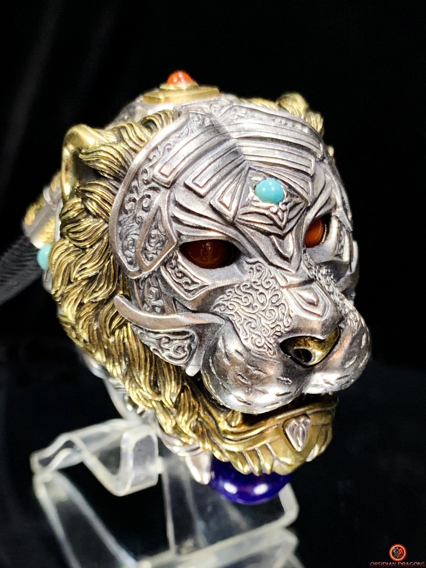 Pendentif tigre - Ghau de l'arhat dompteur - argent & Pierres | obsidian dragons
