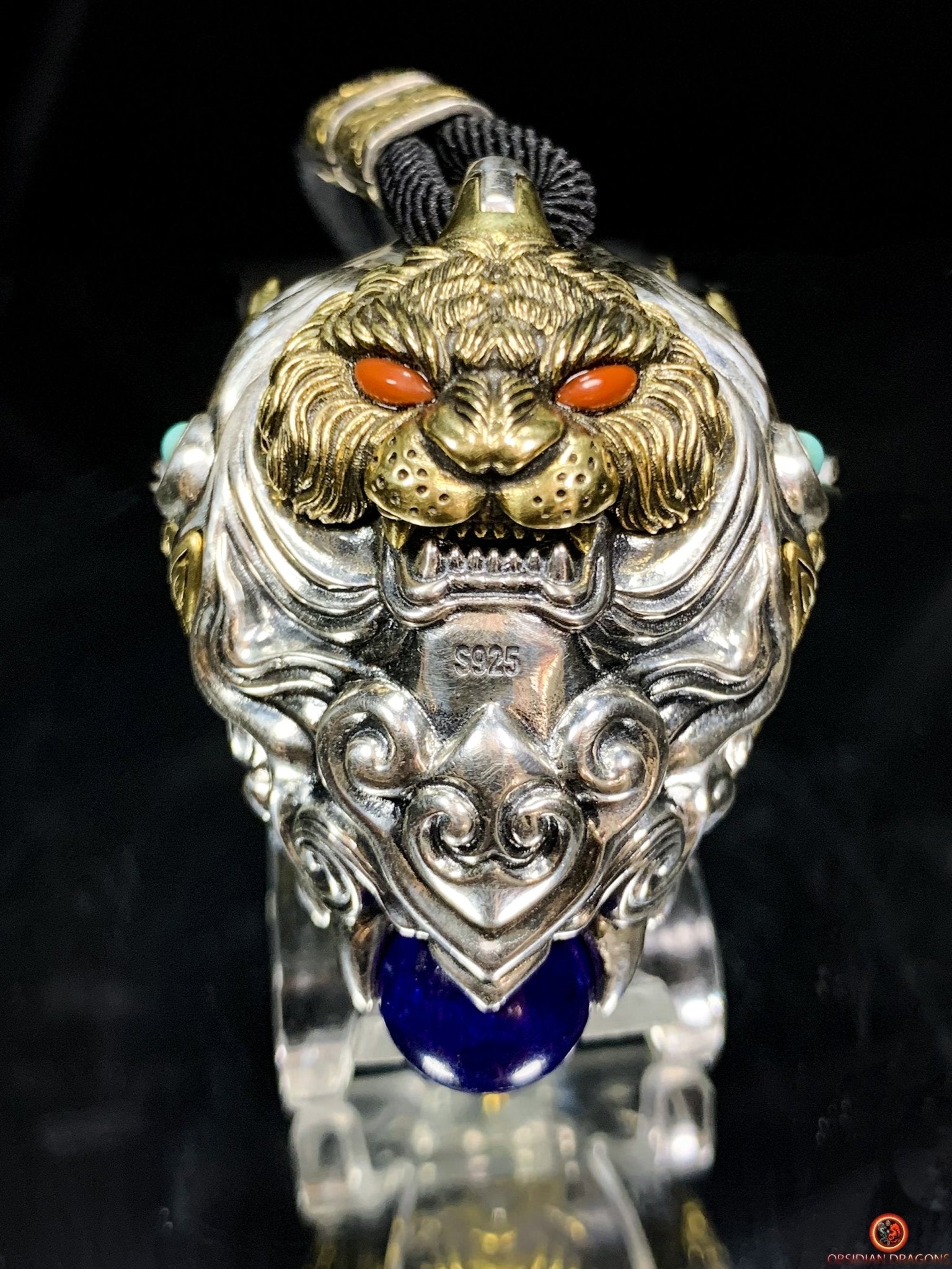 Pendentif tigre - Ghau de l'arhat dompteur - argent & Pierres | obsidian dragons