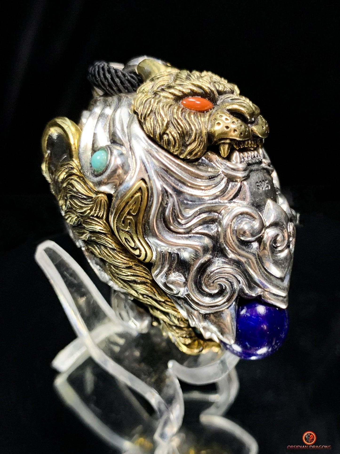 Pendentif tigre - Ghau de l'arhat dompteur - argent & Pierres