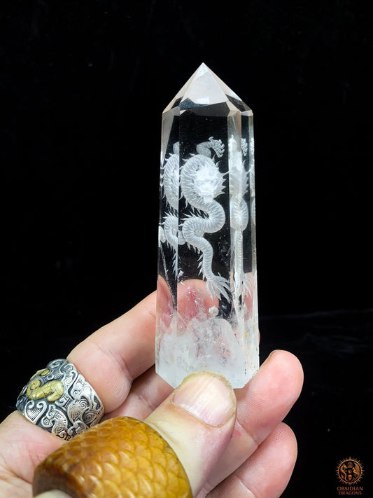 Pointe de Cristal de Roche Dragon – Gravure glyptique 3D | obsidian dragons