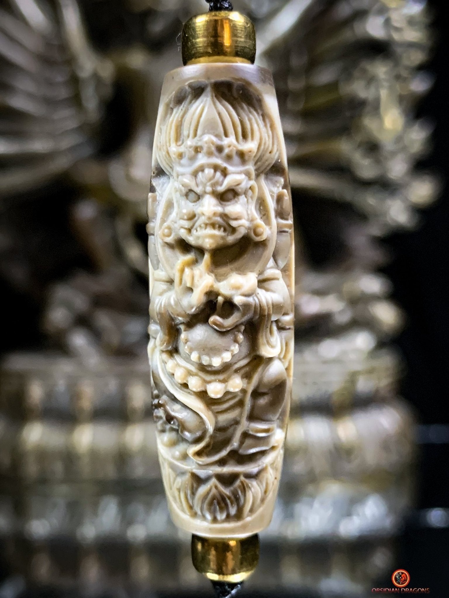Rare Perle tibétaine de Mahakala - Jaspe Sculpté Artisanalement | obsidian dragons