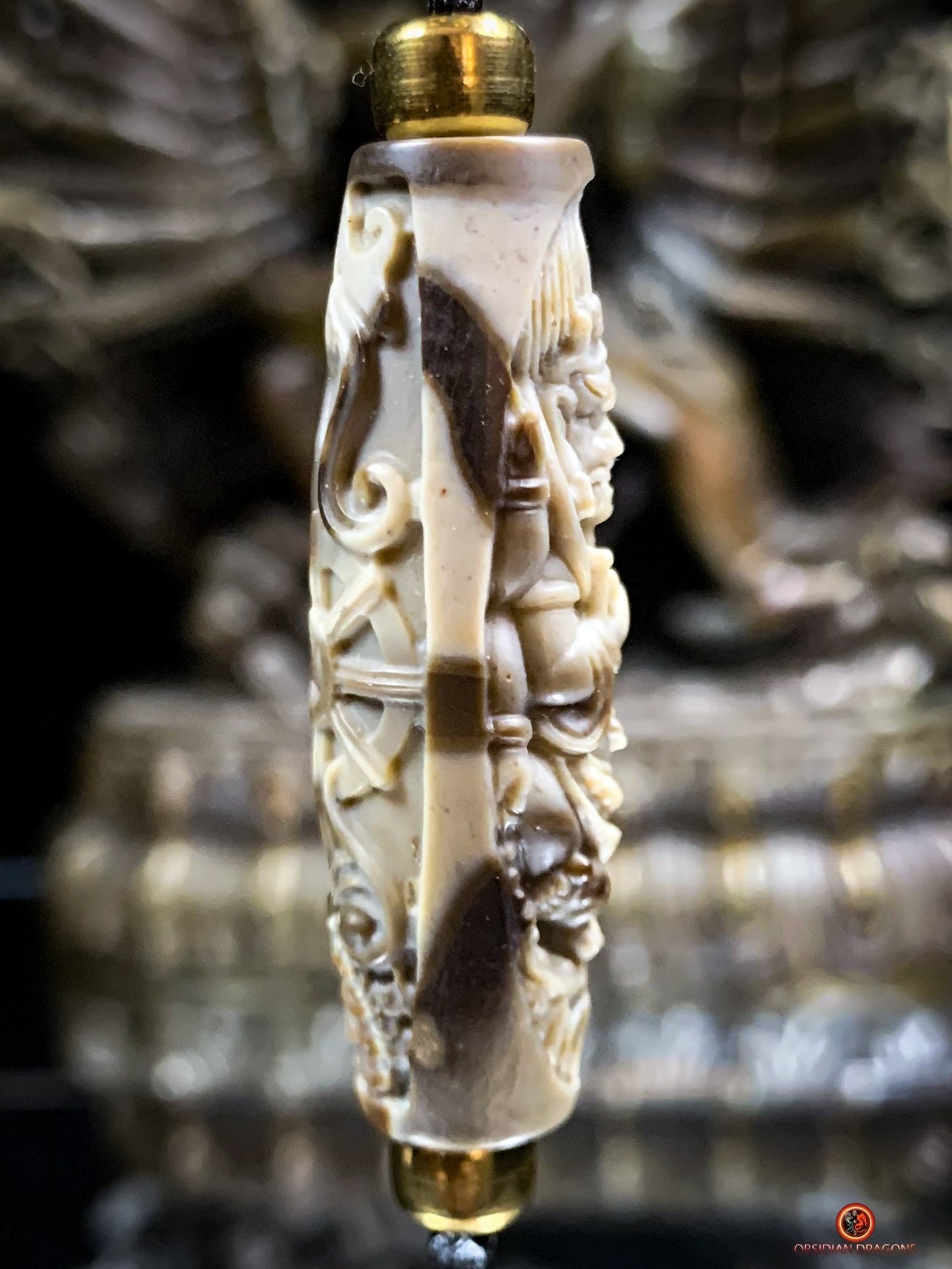 Rare Perle tibétaine de Mahakala - Jaspe Sculpté Artisanalement | obsidian dragons