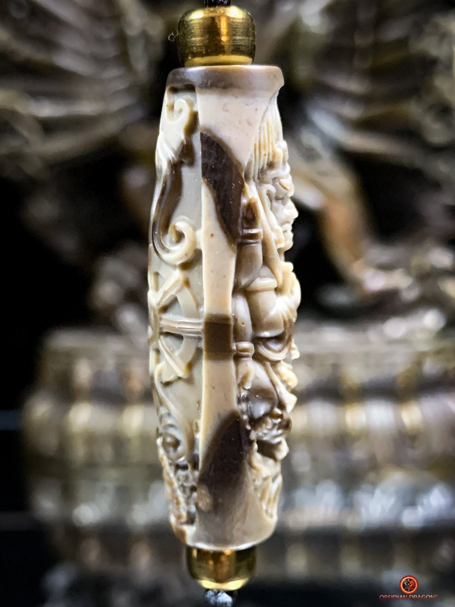 Rare Perle tibétaine de Mahakala - Jaspe Sculpté Artisanalement | obsidian dragons