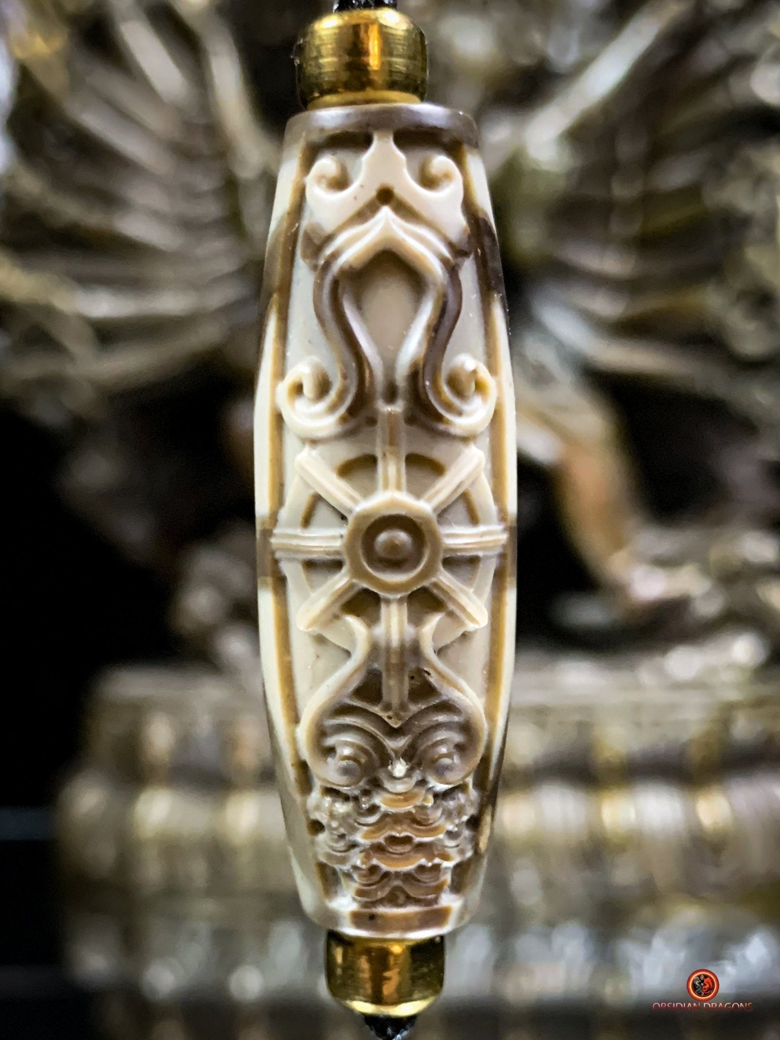 Rare Perle tibétaine de Mahakala - Jaspe Sculpté Artisanalement | obsidian dragons
