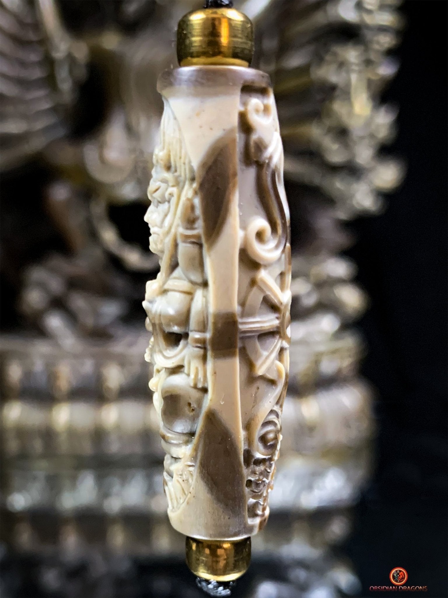 Rare Perle tibétaine de Mahakala - Jaspe Sculpté Artisanalement | obsidian dragons