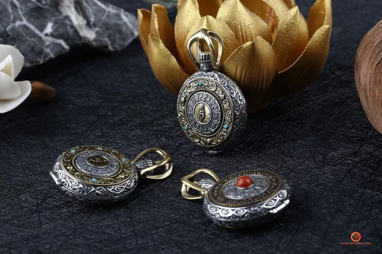 Reliquaire Tibétain de Tara Verte - Argent 925 - Mantra Tournant | obsidian dragons