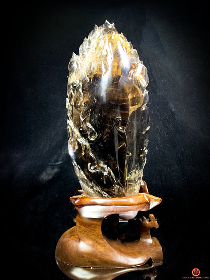 Statuette Bouddha Acala – Quartz Fumé – Rare et Unique