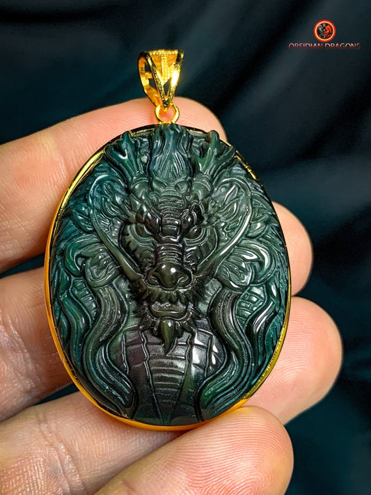 Talisman Dragon en Obsidienne - Argent Plaqué Or 24K | obsidian dragons