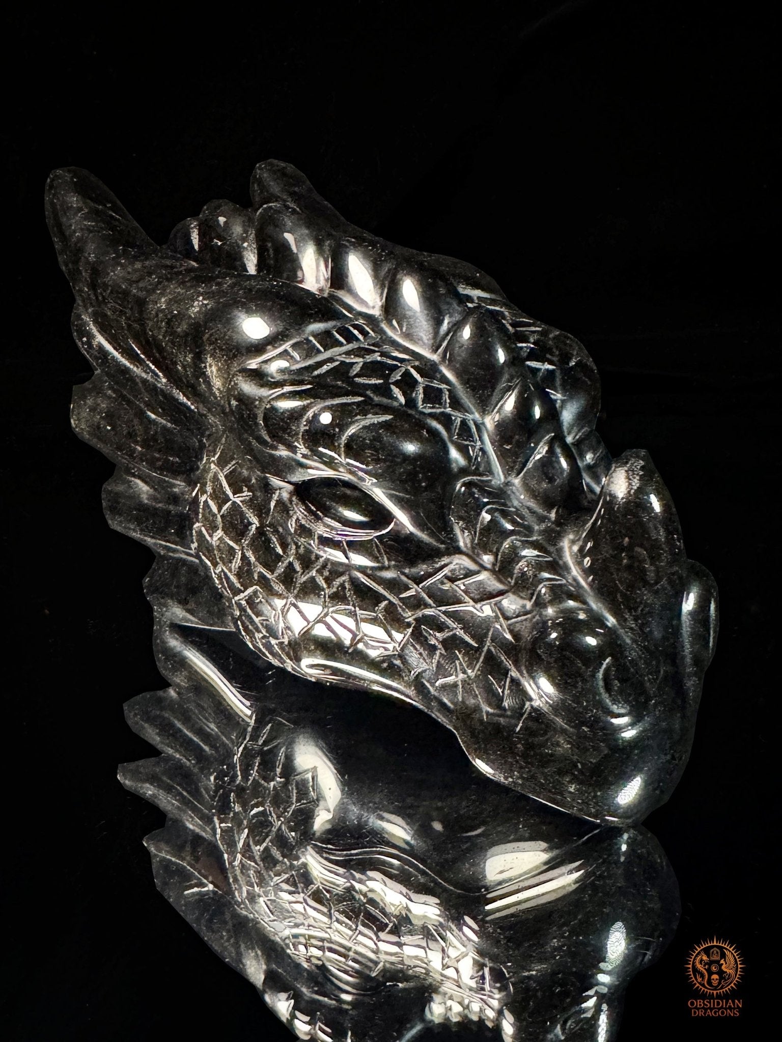 Tête de dragon en obsidienne noire – Miroir de l’esprit | obsidian dragons