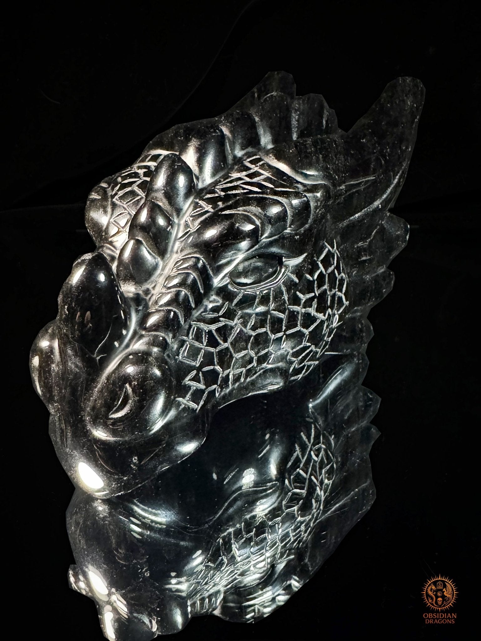 Tête de dragon en obsidienne noire – Miroir de l’esprit | obsidian dragons