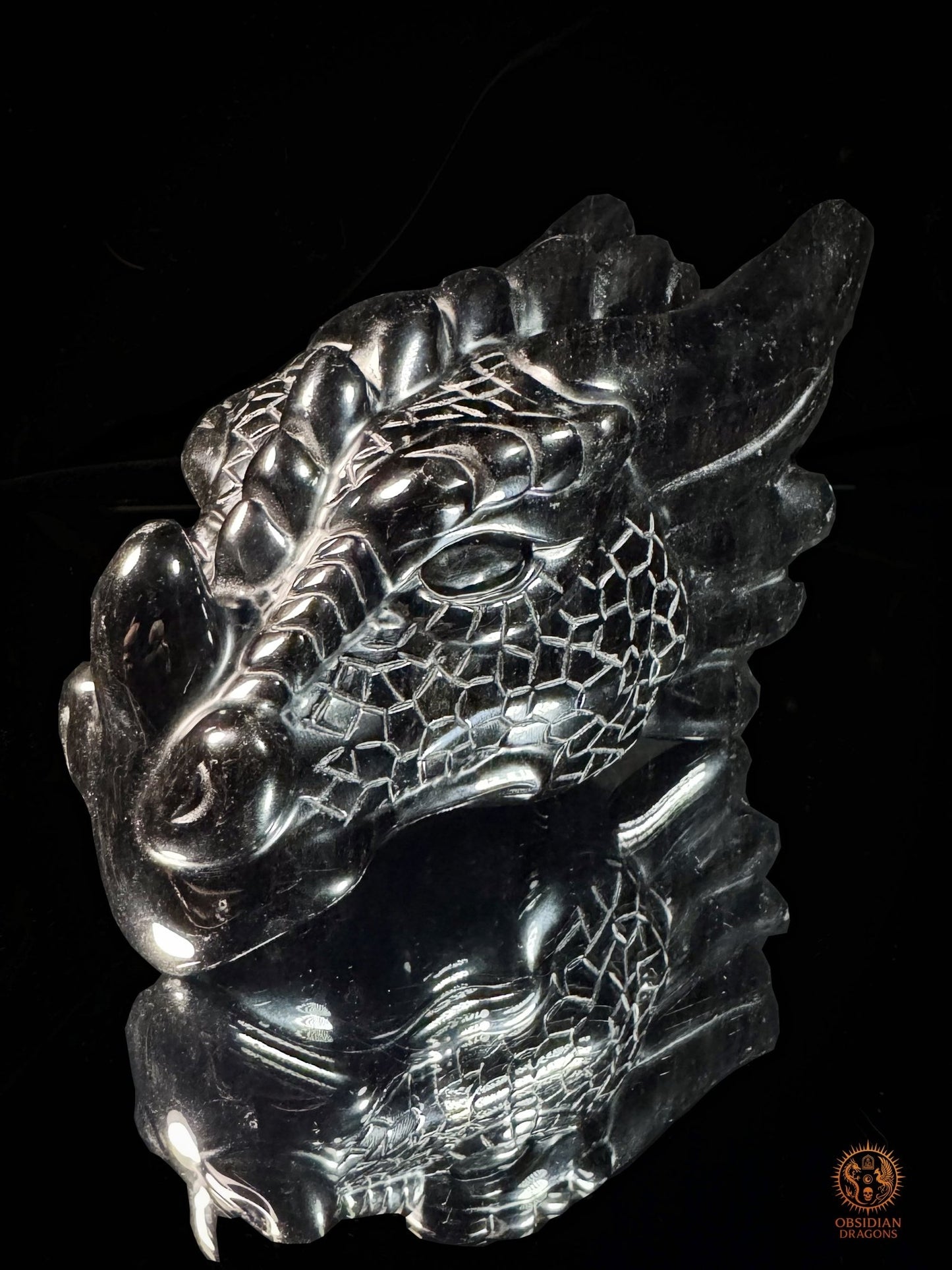 Tête de dragon en obsidienne noire – Miroir de l’esprit | obsidian dragons
