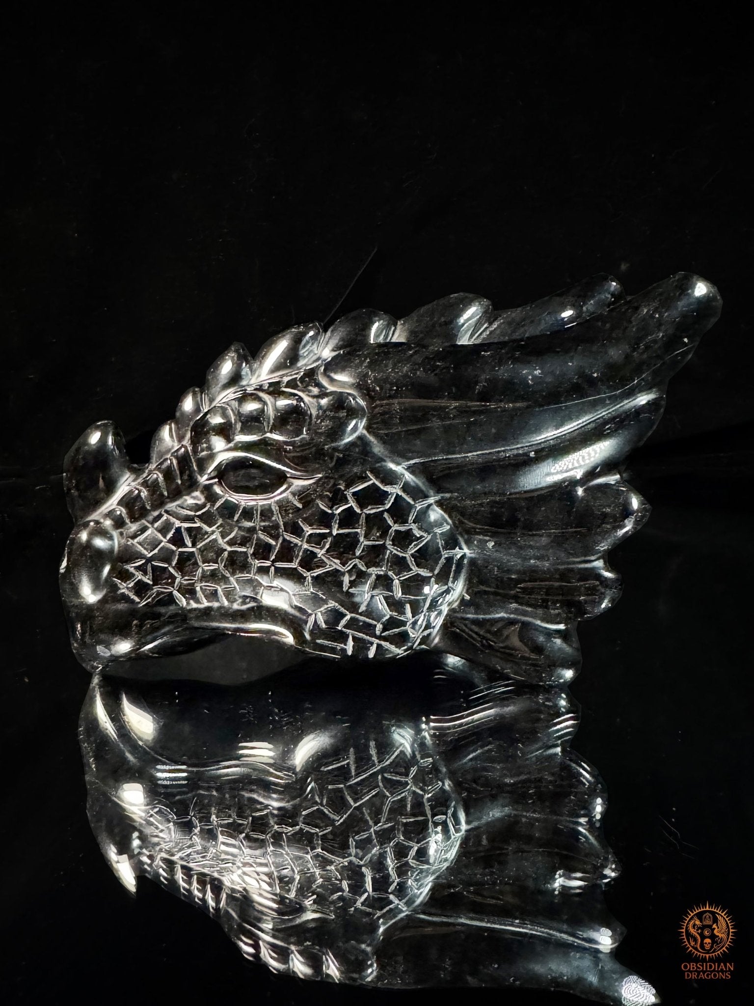 Tête de dragon en obsidienne noire – Miroir de l’esprit | obsidian dragons