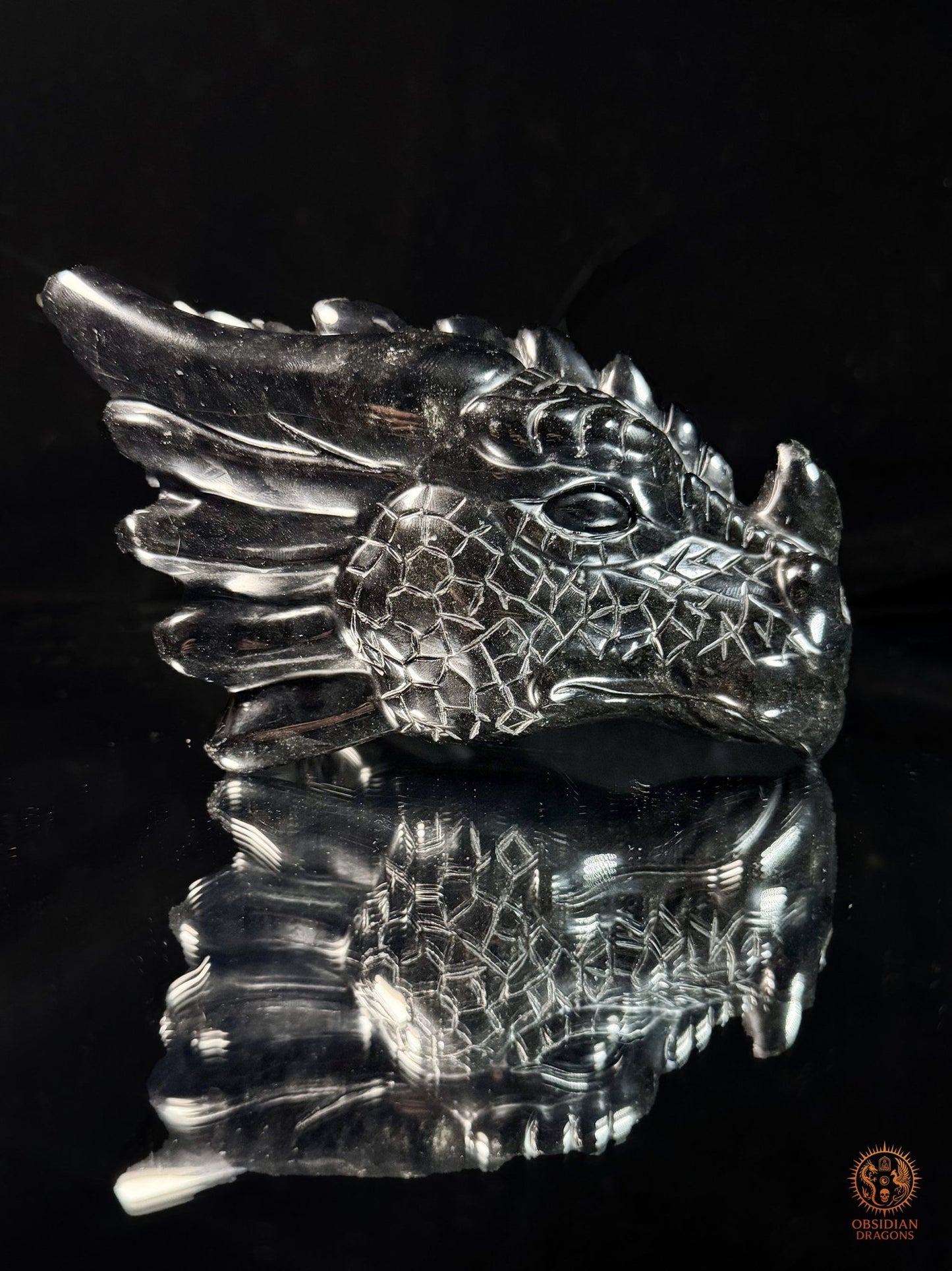 Tête de dragon en obsidienne noire – Miroir de l’esprit | obsidian dragons