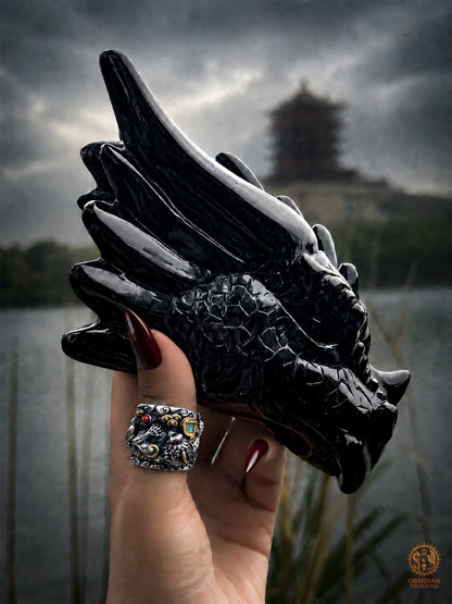 Tête de dragon en obsidienne noire – Miroir de l’esprit - obsidian dragons