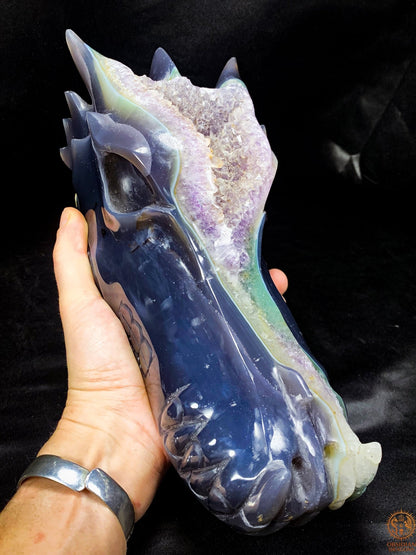 Très grand Crâne de Dragon en Géode de Quartz – Pièce rare | obsidian dragons