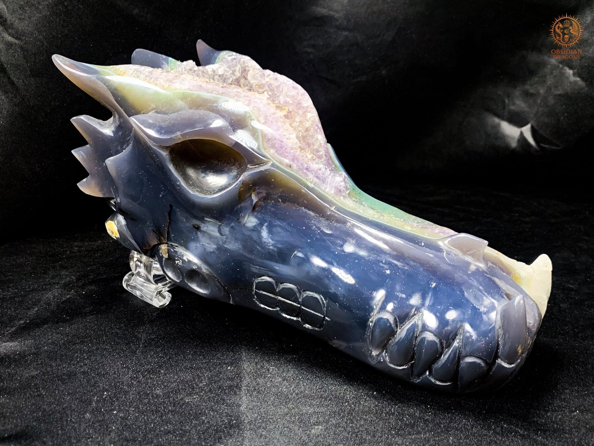 Très grand Crâne de Dragon en Géode de Quartz – Pièce rare | obsidian dragons