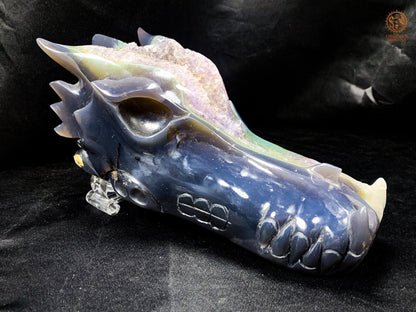 Très grand Crâne de Dragon en Géode de Quartz – Pièce rare | obsidian dragons