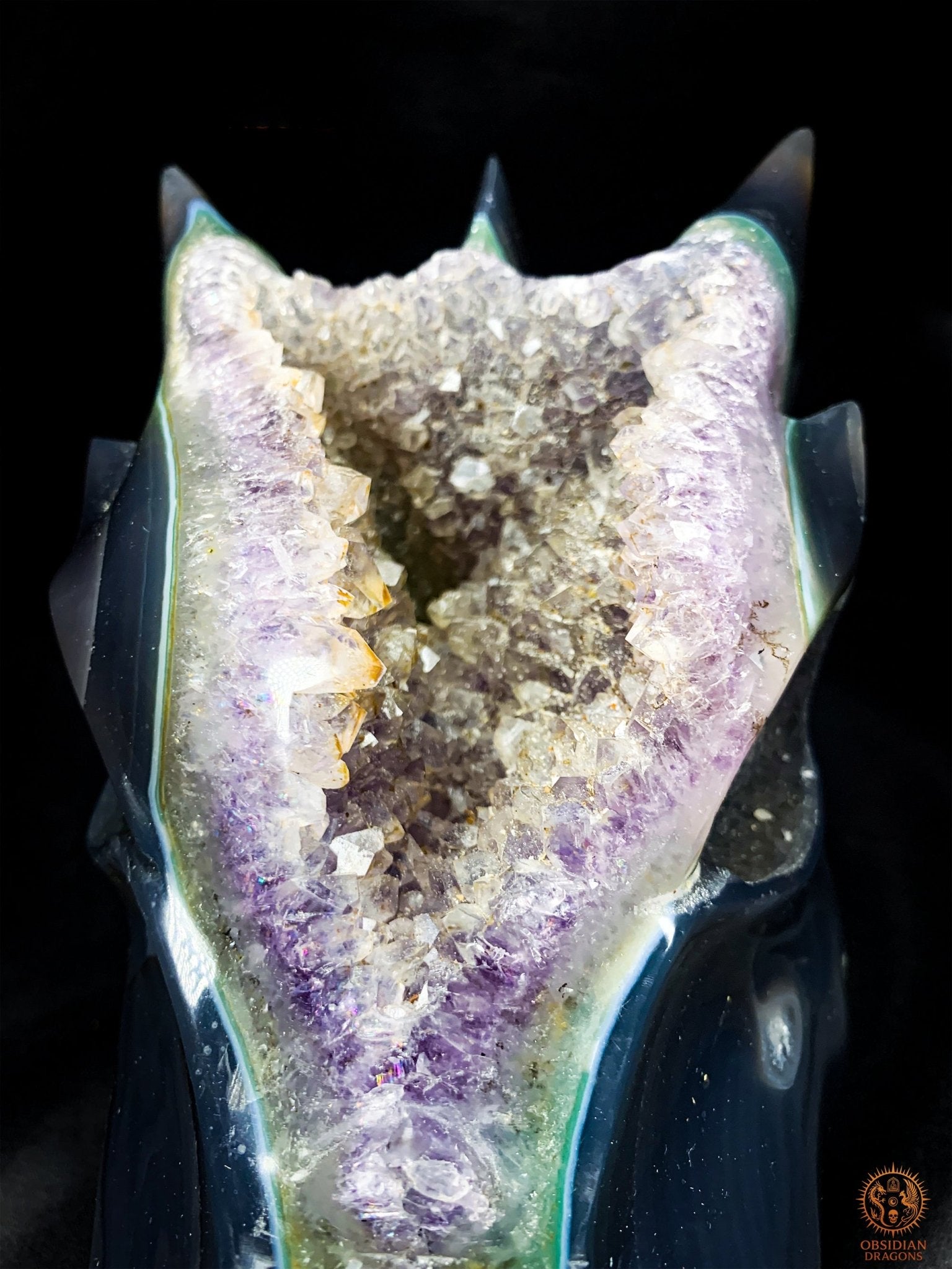Très grand Crâne de Dragon en Géode de Quartz – Pièce rare | obsidian dragons